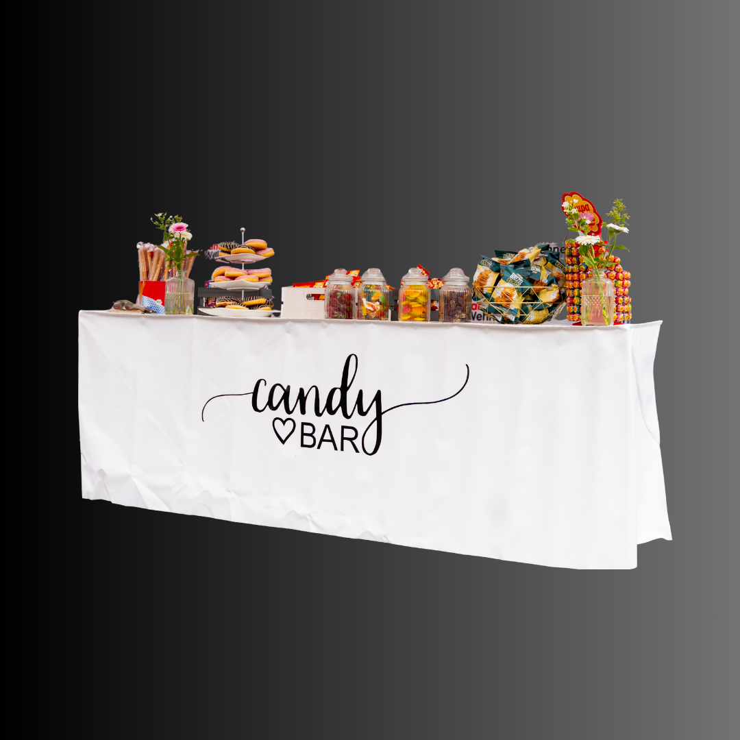Weiße Candybar-Biertischplane aus PVC, dekoriert mit Süßigkeiten für Events und Hochzeiten